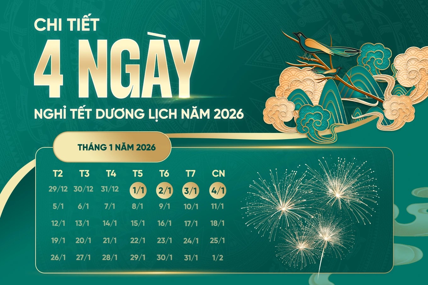Thông báo thời gian nghỉ Tết Dương lịch năm 2026