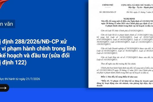 Nghị định 2882026/NĐ-CP sửa đổi, bổ sung một số điều của Nghị định số 122/2021/NĐ-CP ngày 28/12/2021 của Chỉnh phủ quy định về xử phạt vi phạm hành chính trong lĩnh vực kế hoạch và đầu tư